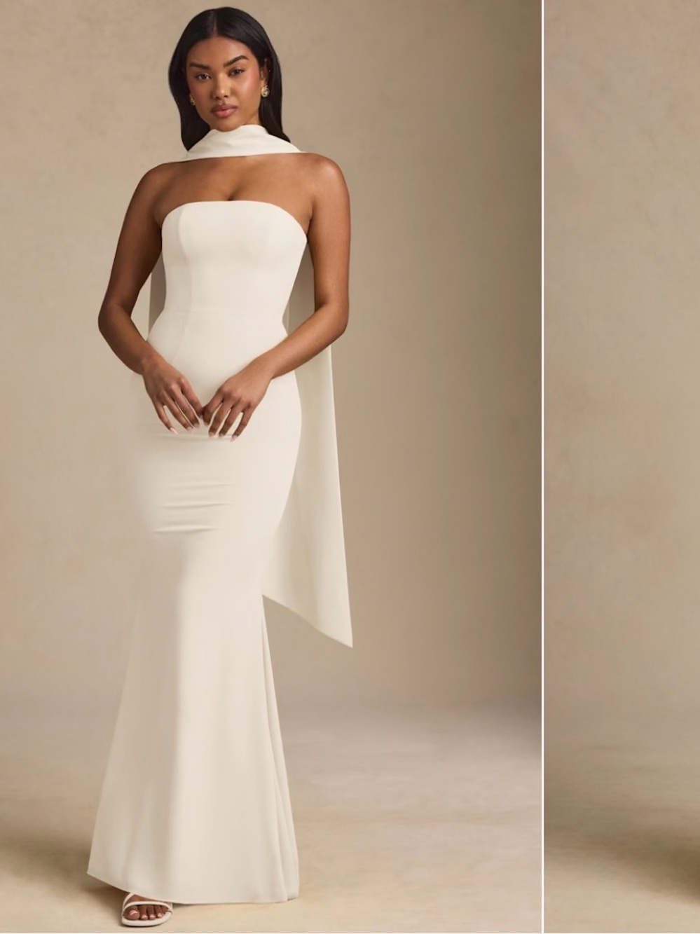Oh Polly Strapless Ivory Column Gown with Draped Neck Scarf